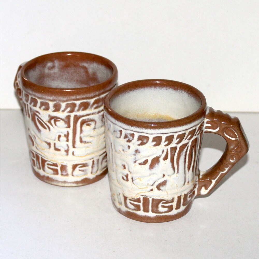 2 Vintage Mug Frankoma Mayan Aztec 7CL Desert Gold pottery brown